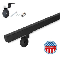 Modern Wrought Iron Steel Handrail - 1.5'' x 1.5'' Hammered, Custom Made, Squared Model with Flat Black Finish